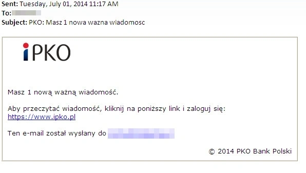 Uwaga na wiadomości e-mail zawierające phishing, wysyłane do klientów banku PKO BP