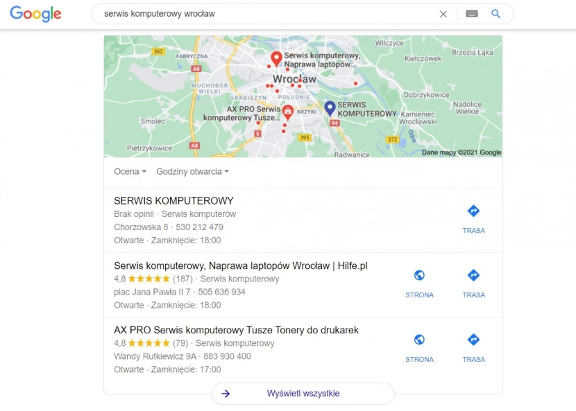 Mapy Google - wyszukiwanie lokalne, Wrocław