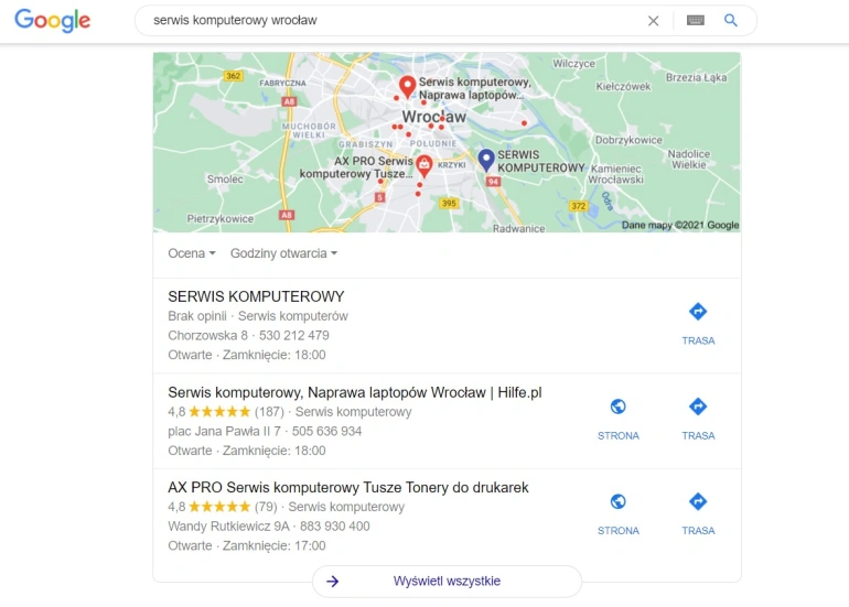 <p>Mapy Google - wyszukiwanie lokalne, Wrocław</p>
