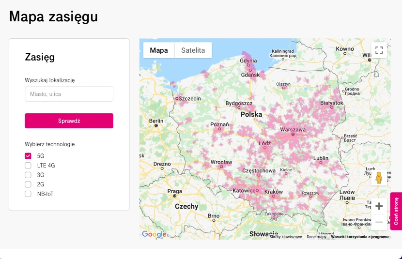 T-Mobile - mapa pokrycia zasięgiem sieci 5G (marzec 2022)
