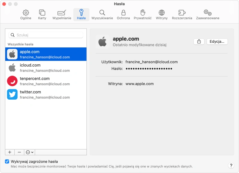 <p>Menadżer haseł Apple iCloud</p>

<p>Źródło: apple.com</p>