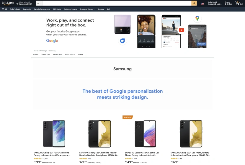 Zakładka Samsunga w nowym sklepie Google na Amazonie