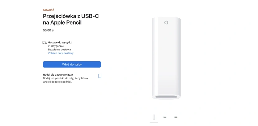 Nowa przejściowa pozwalająca ładować Apple Pencil przez USB Typu C
Źródło: apple.com
