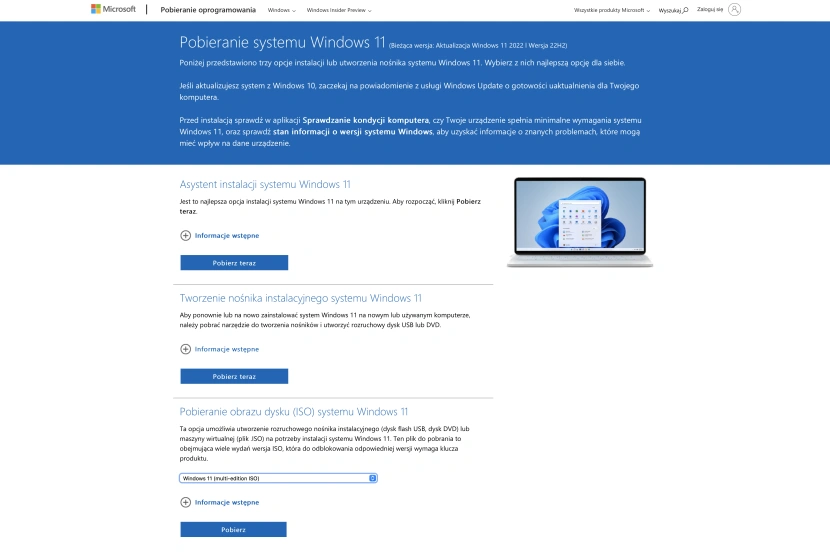 Pobieranie pliku ISO z systemem operacyjnym Windows 11